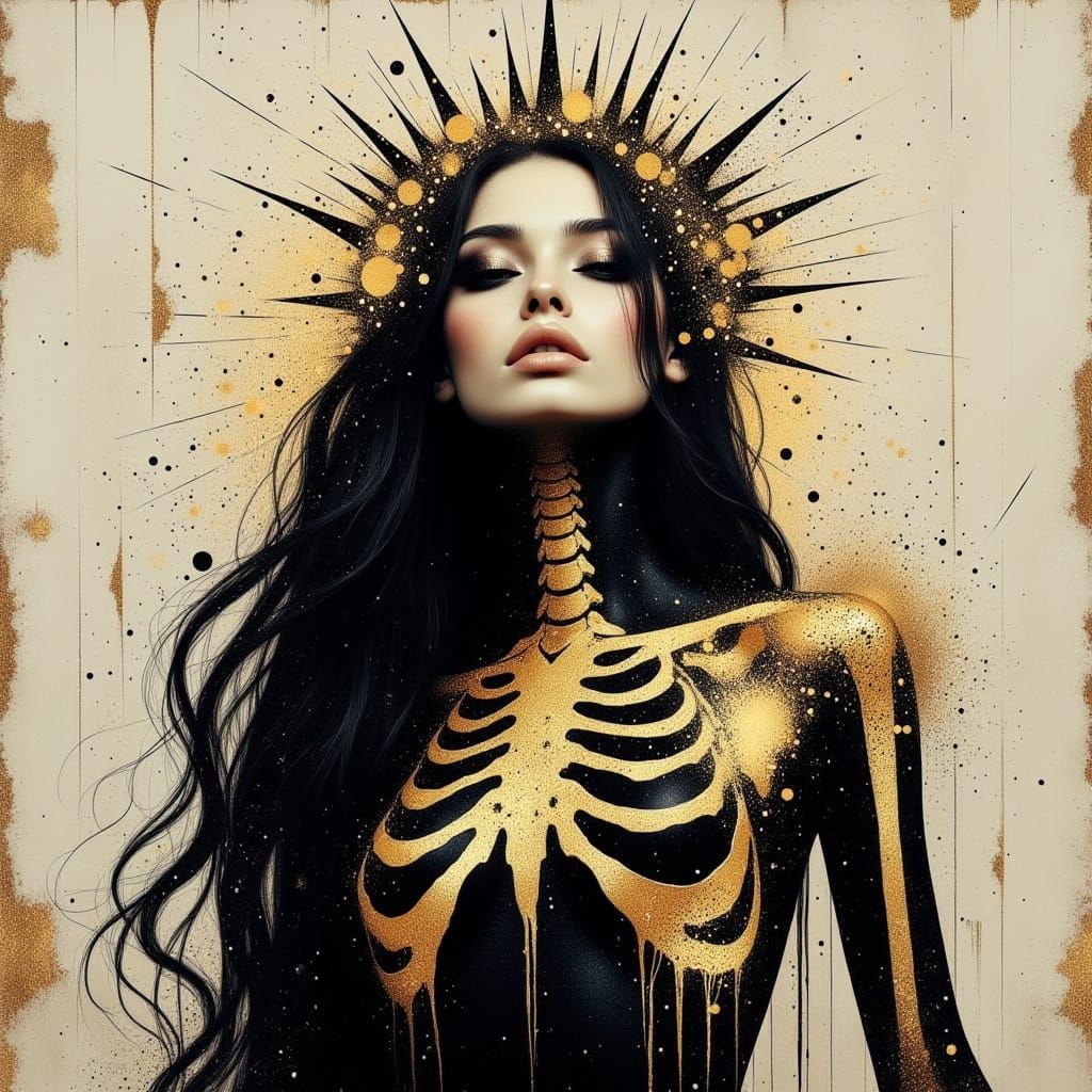 A surreal, gothic-fantasy portrait of a stunning woman with long, flowing black hair. Her s...