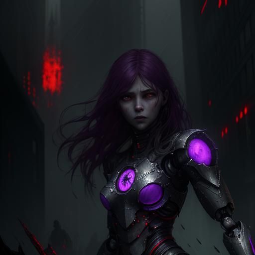 Robot Woman in Bloody Downpour: Dark Fantasy Art