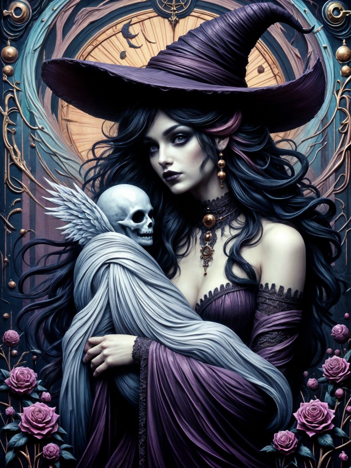Stunning Witch Holding Ghost in Psychedelic Cosmic Style