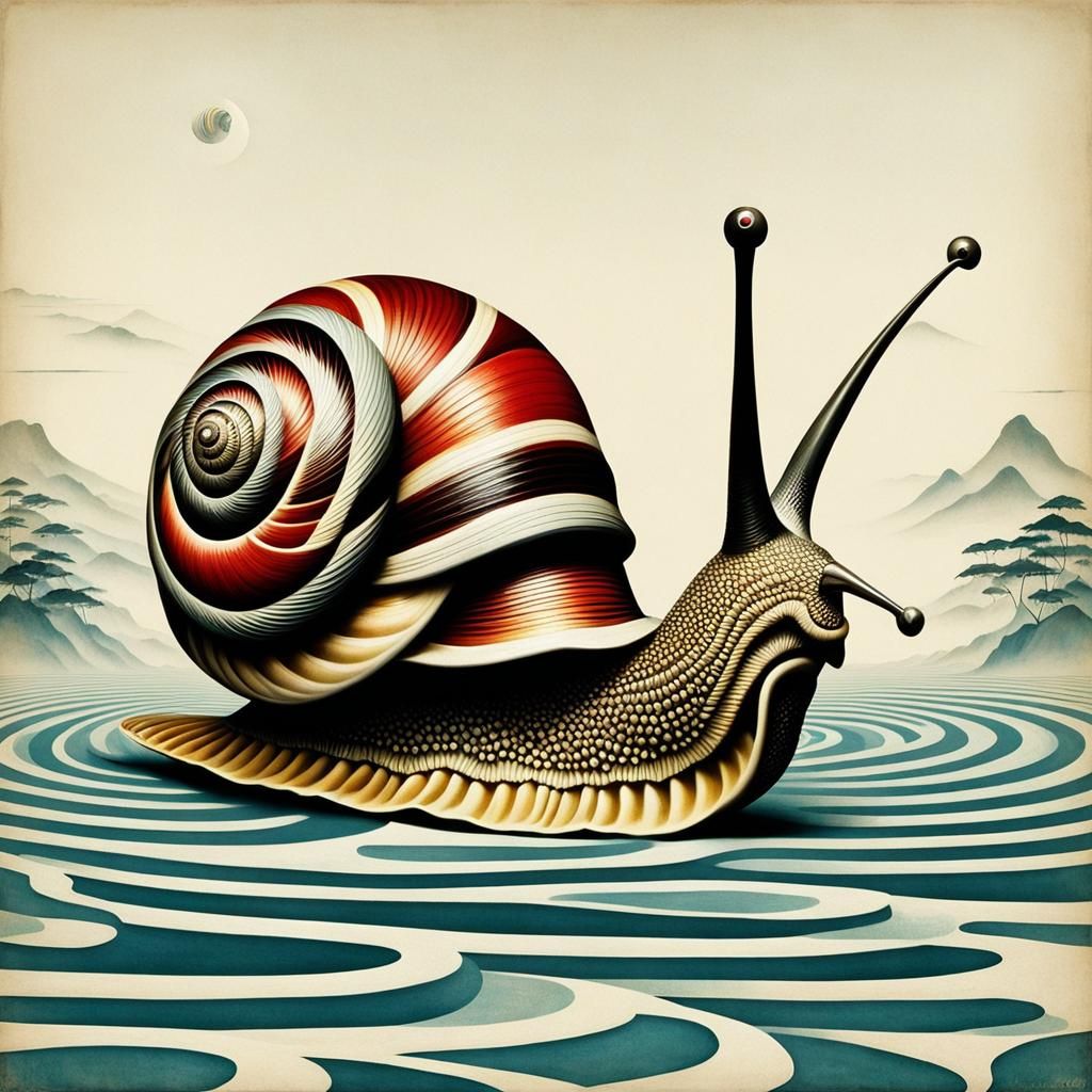 Surreal Snail in Vintage Japanese Art Style