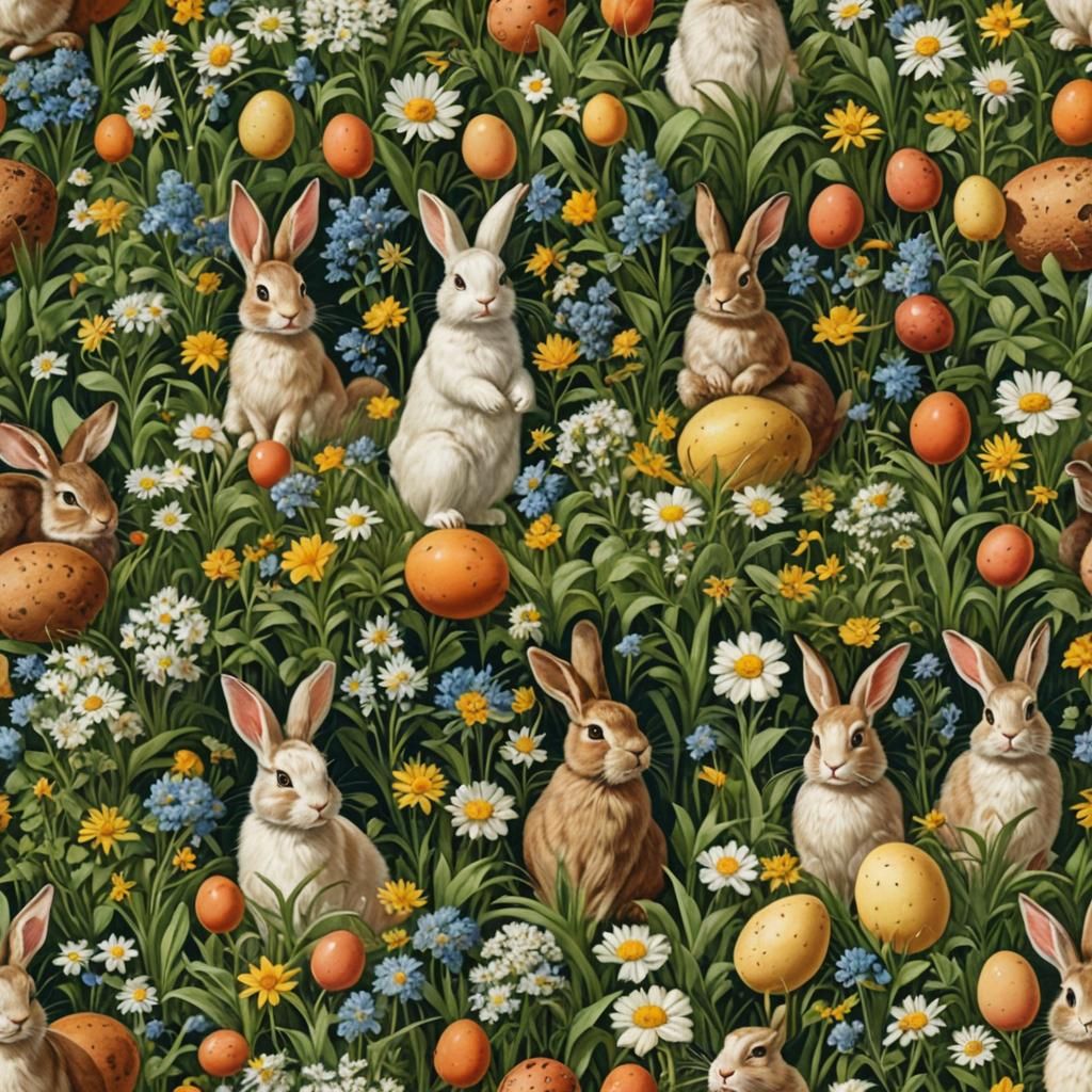 Easter Bunny in Meadow with Eggs, in Classical Realism
