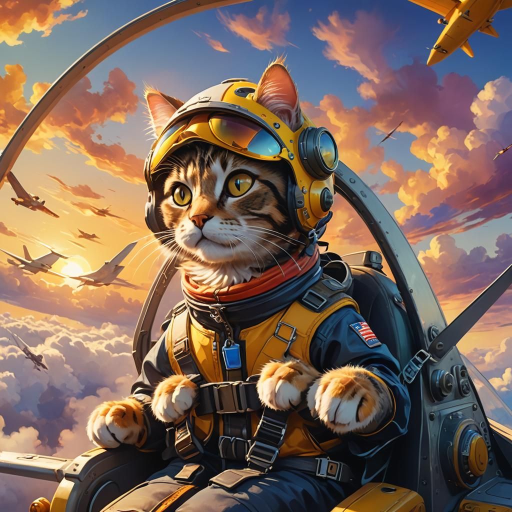 Cat Pilot in Airplane at Sunset, Pixar-Style Art