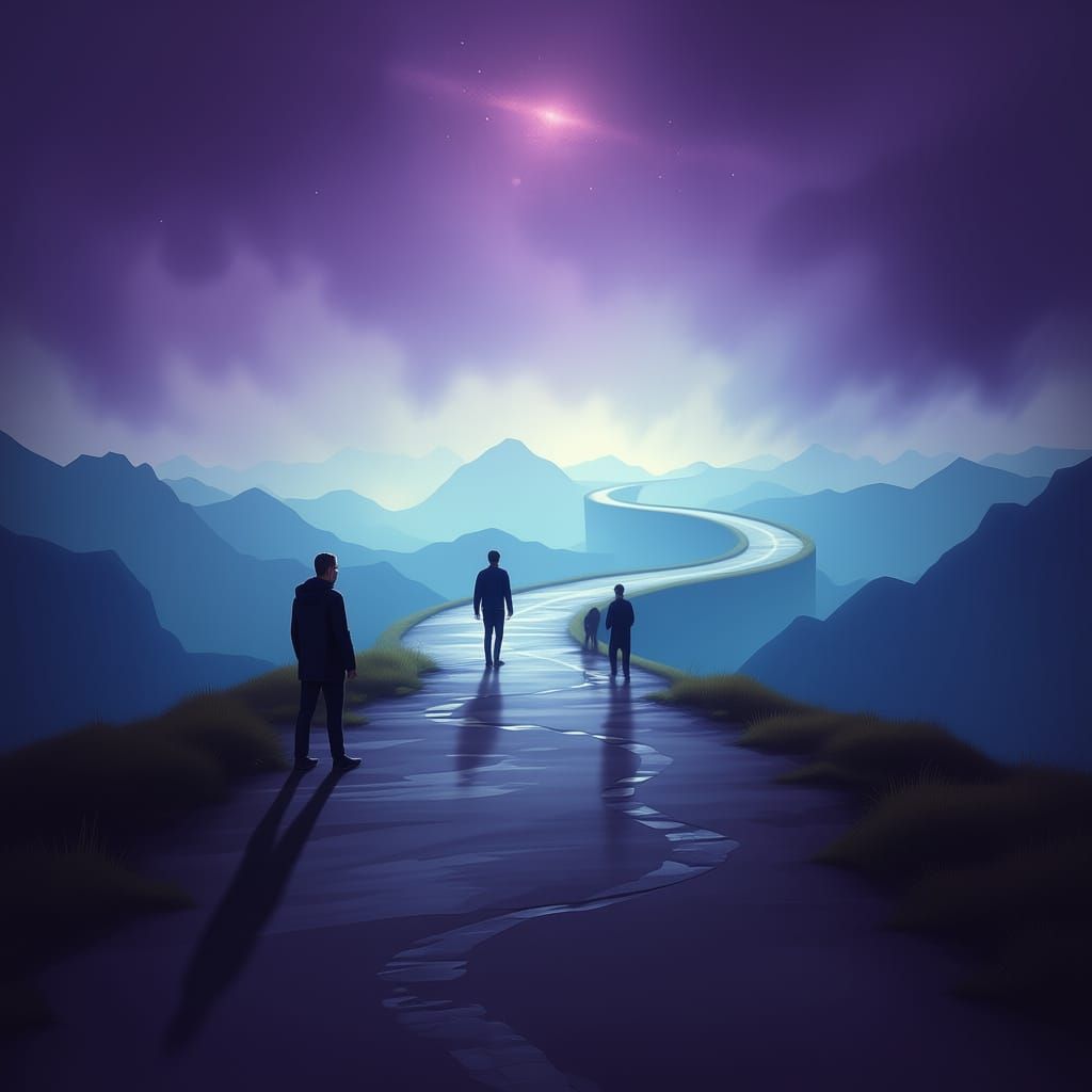 Lone Figure Contemplates Divergent Paths in Surreal Landscap...