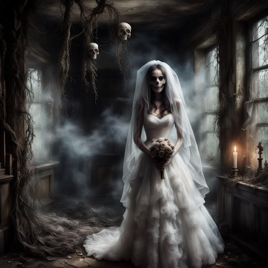 Mischievous Spectral Bride in Dimly Lit Hall