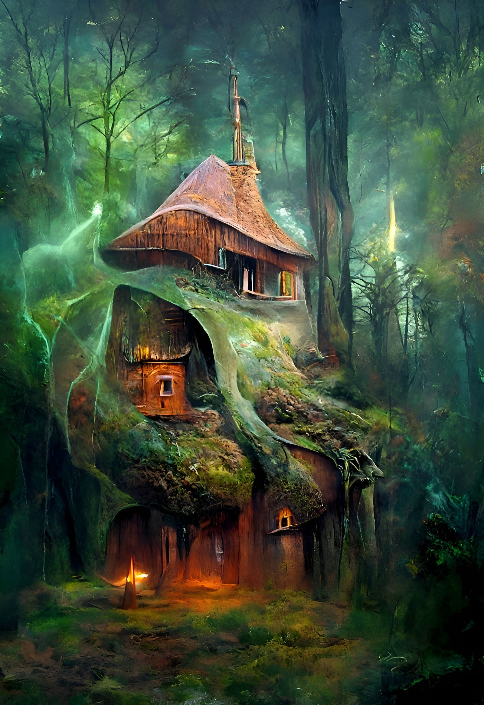 Mystical House in Enchanted Forest, Illustration