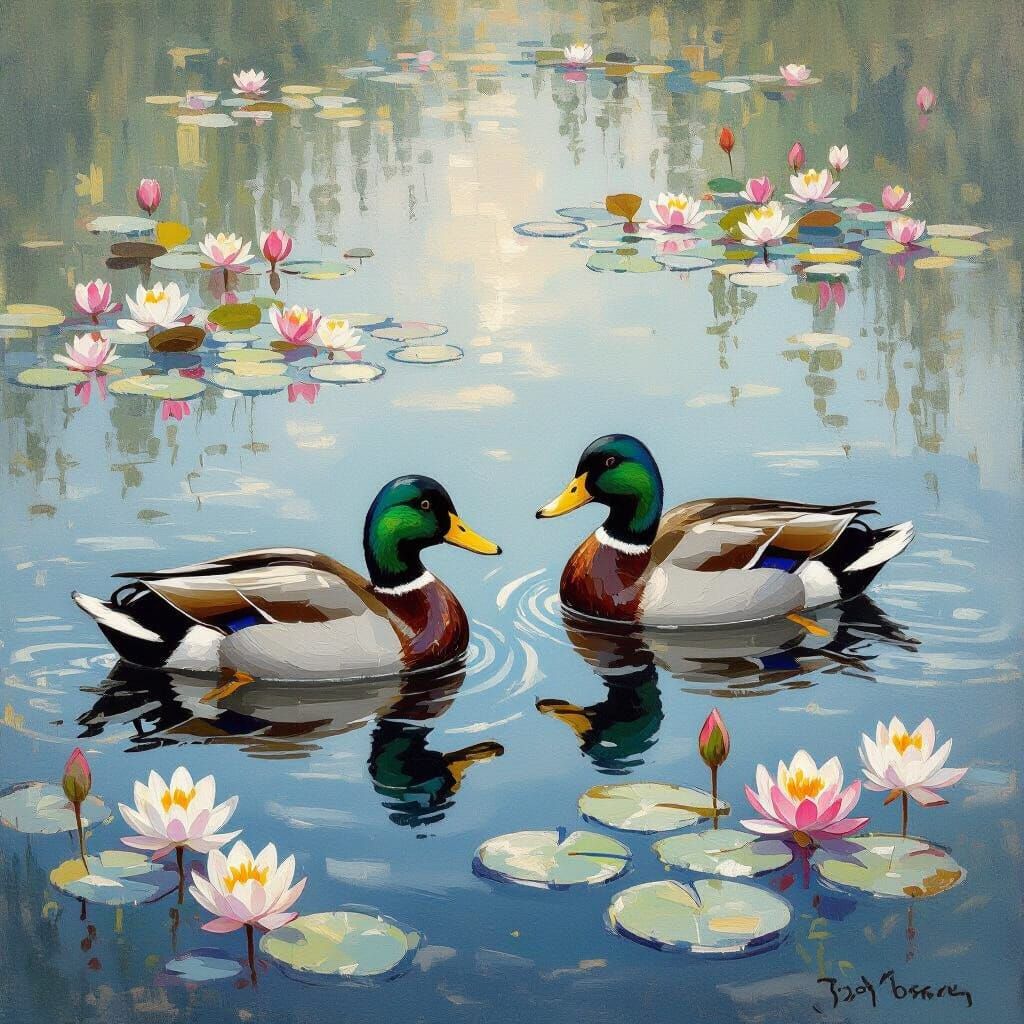 Mallard Ducks on Serene Lake in Impressionist Style
