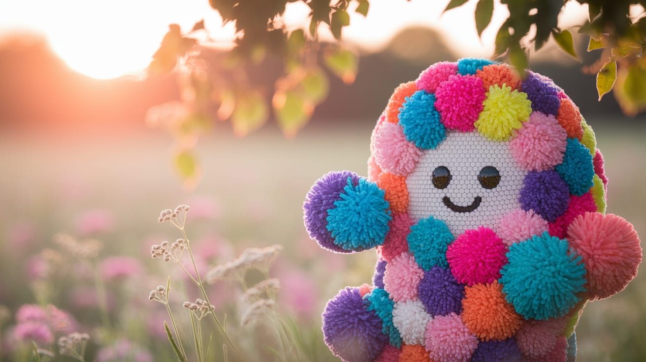 Whimsical Pom-Pom Scene in Golden Sunlight Photograph