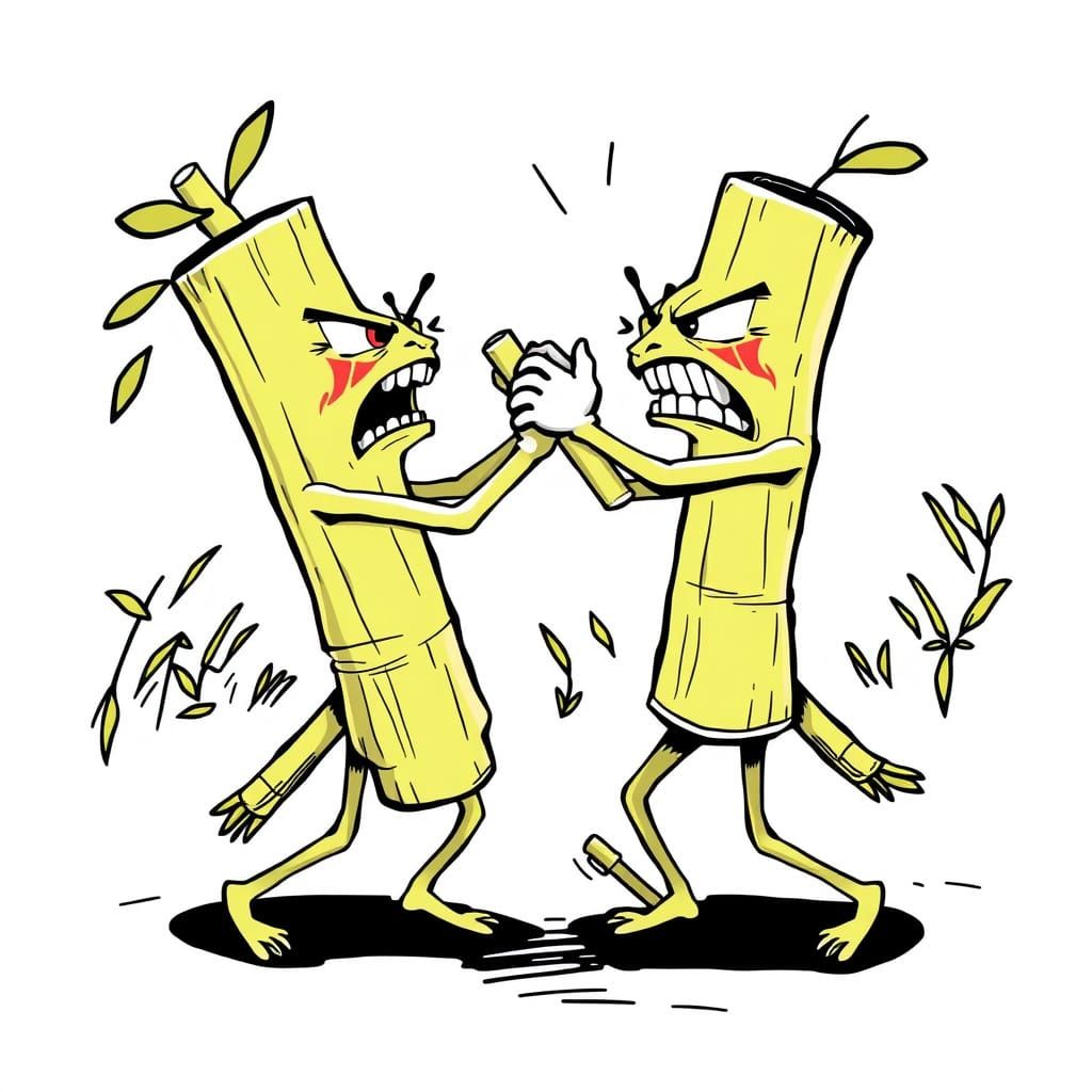 Cartoon Bamboo Poles Wrestling Angrily