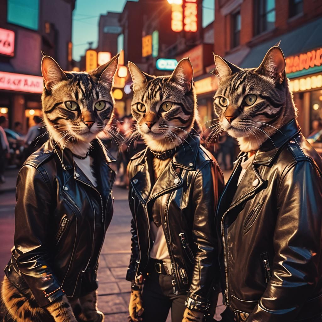 Rockabilly Cats on Main Street in Retro-Futuristic Style