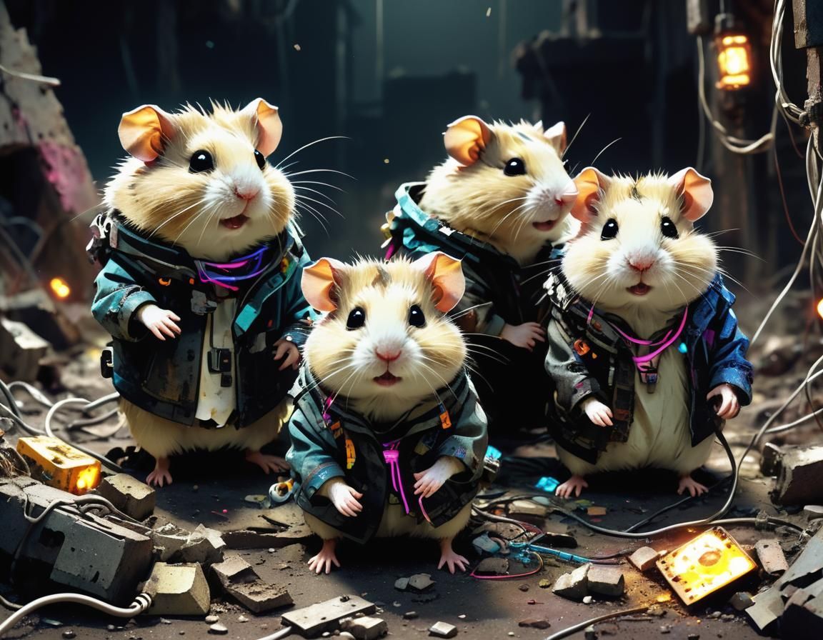Dystopian Hamsters in Sci-Fi Ruins: Cinematic Illustration