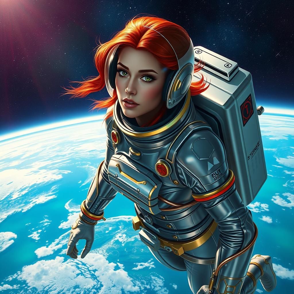 Redhead in Retrofuturistic Space Suit Over Earth