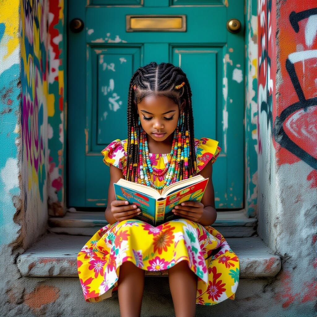 Girl Reading Book with Graffiti Art, Blending Realism
