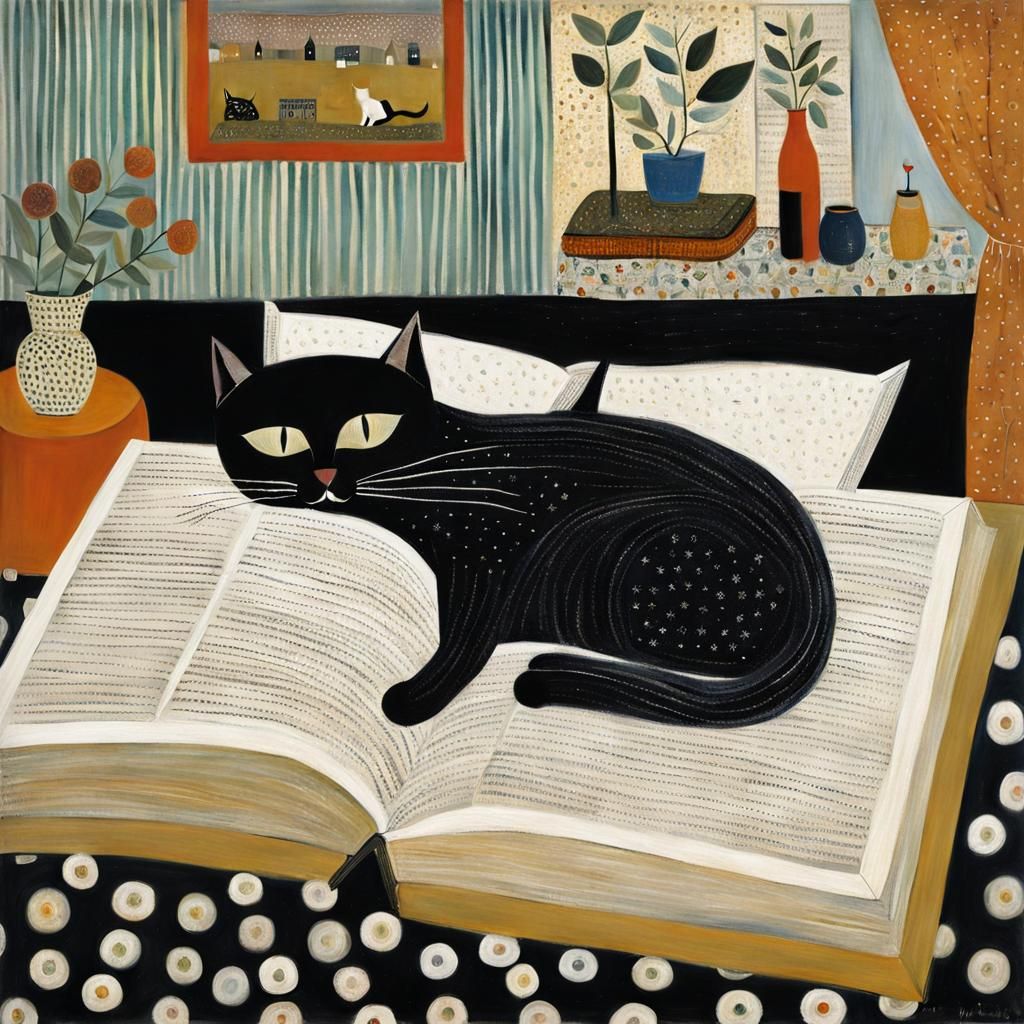 Cat Reading Book in Bed, Detailed Illustration