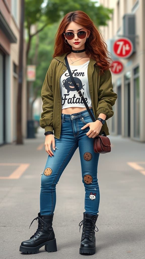 Anime Style: Woman in Bomber Jacket and Mom Jeans