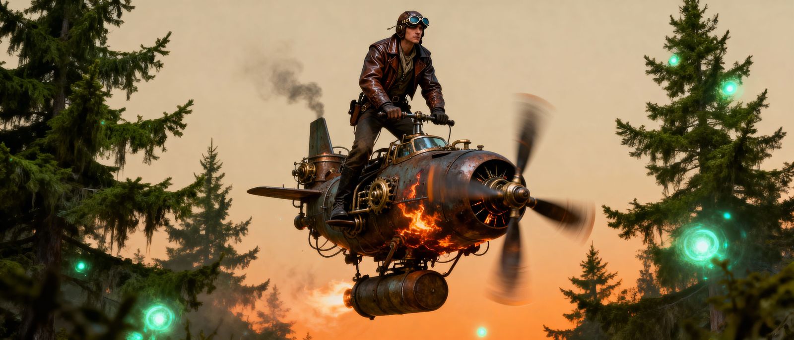 Steampunk Aviator Mounts Machine in Dark Fantasy Style