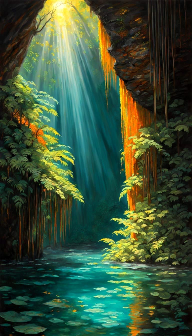 Lush ferns cling to cliffs around  cenote pool cavern with turquoise water and golden-orange sunbeams peeking in.  No pe...