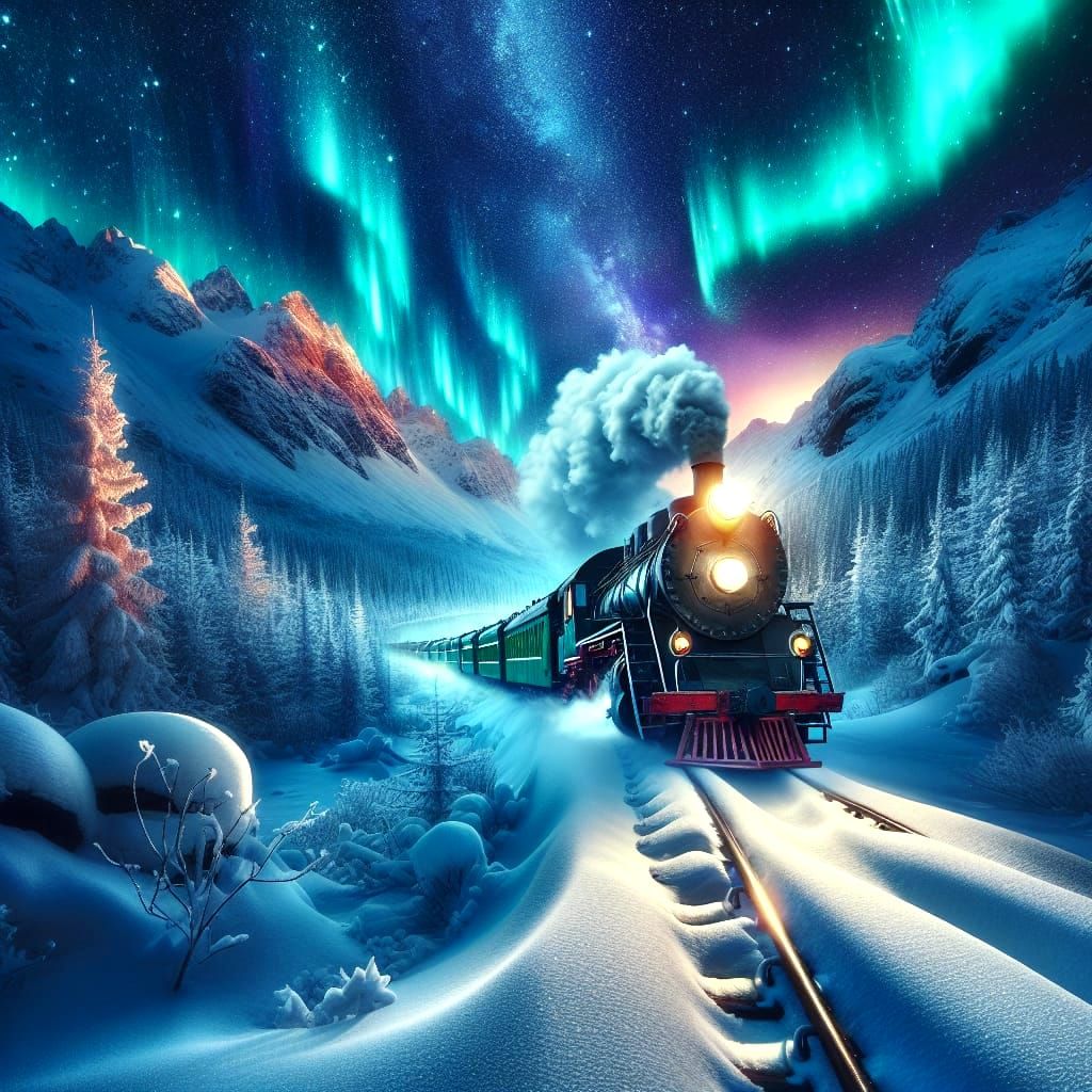 A Majestic Winter Wonderland Railway in Cyberpunk Style