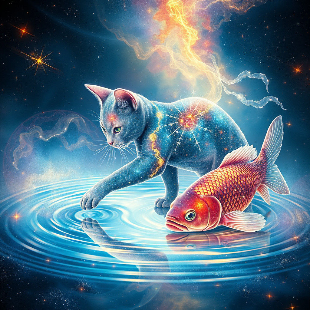 Ethereal Crystal Cat Touches Cosmic Fishpond