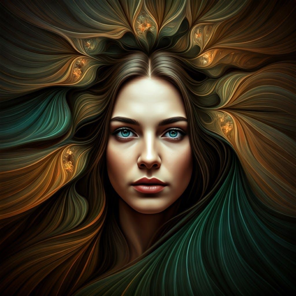 Dreamlike Portrait with Swirling Fractal Patterns in Organic...