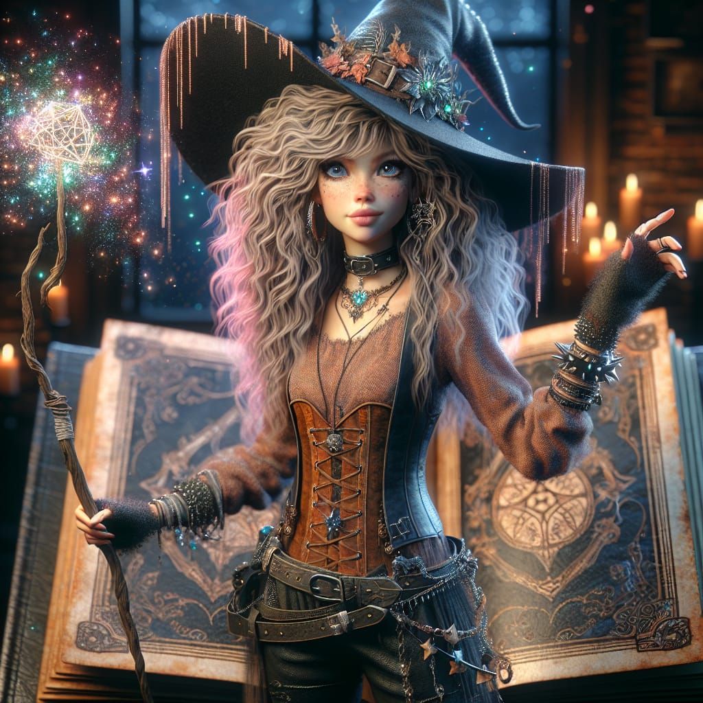 Whimsical Punk Witch with Broken Wand in Cottage