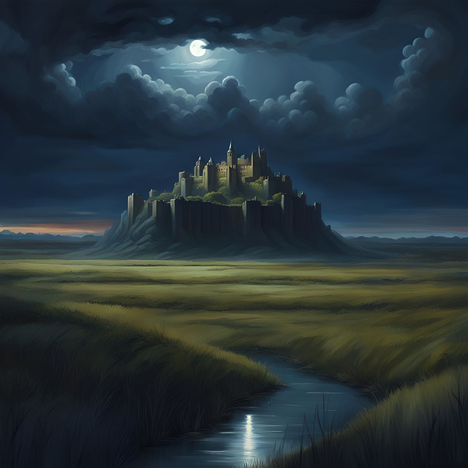 Lush Prairie and Dark Citadel in Fantasy Painting