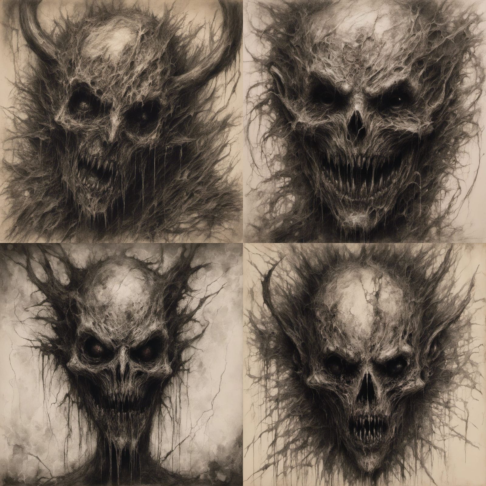 Macabre Evil Demon with Sewn Mouth: Charcoal Drawing