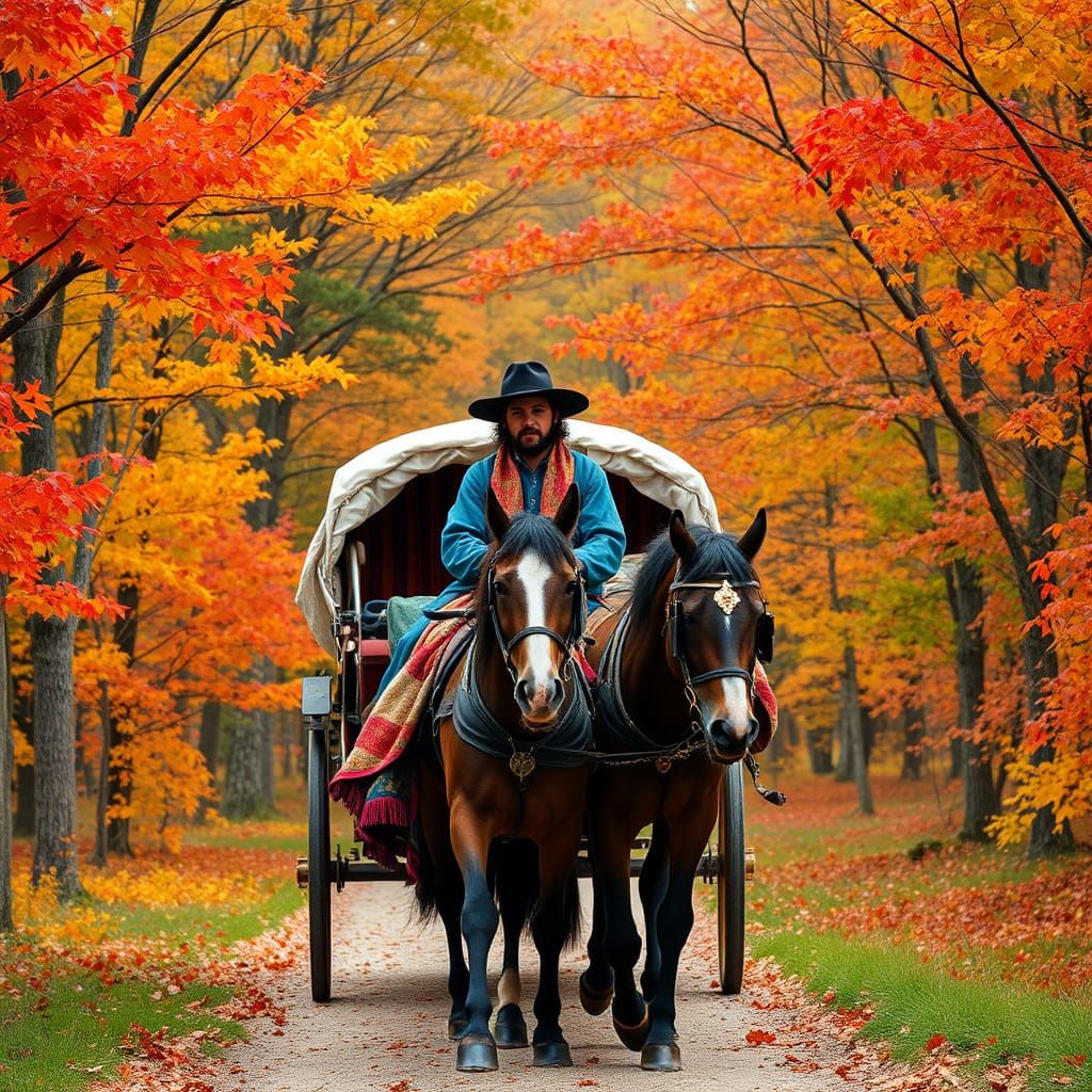 Vibrant Autumn Gypsy Wagon Ride in Whimsical Style