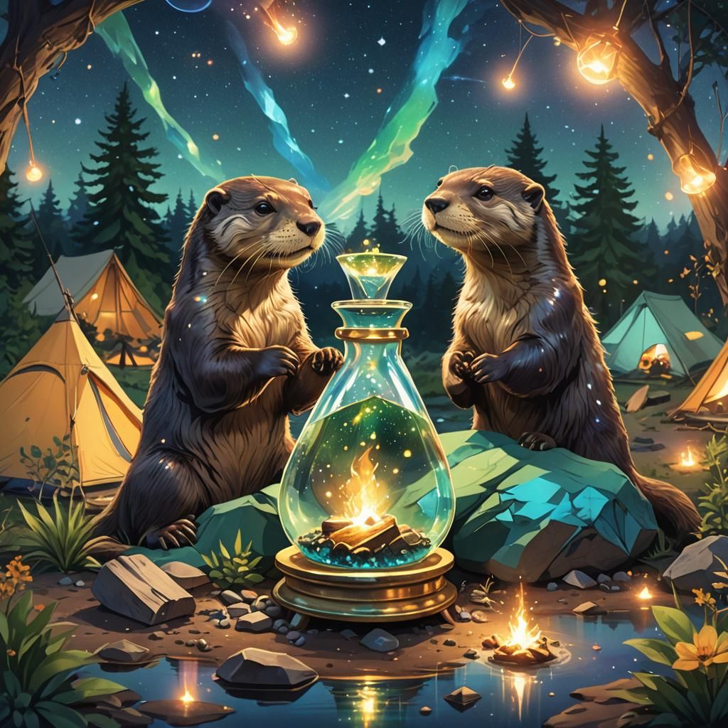 Glowing Otters Destroying Hourglass at Campsite