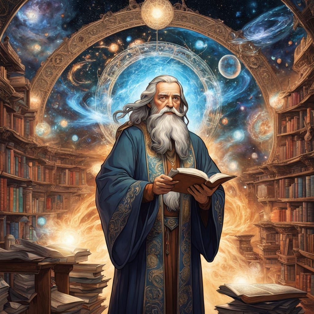 Celestial Library: A Wizard's Hyperrealistic Art Nouveau Dre...