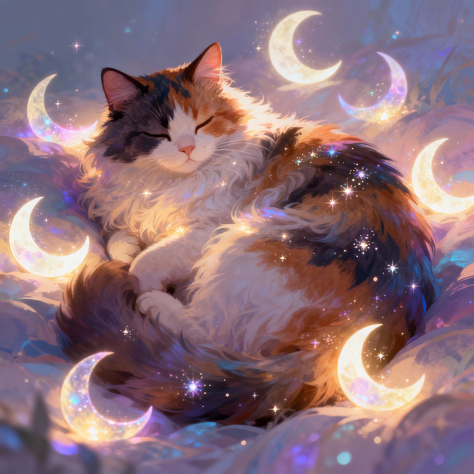 Calico Cat Sleeps on Glowing Moon, Whimsical Digital Art