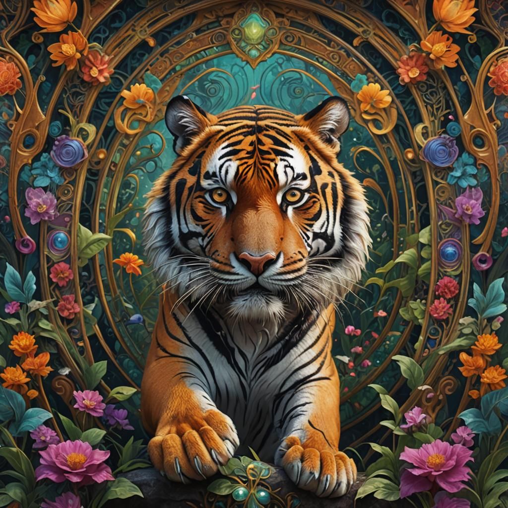 Hyper-Realistic Psychedelic Art Nouveau Tiger