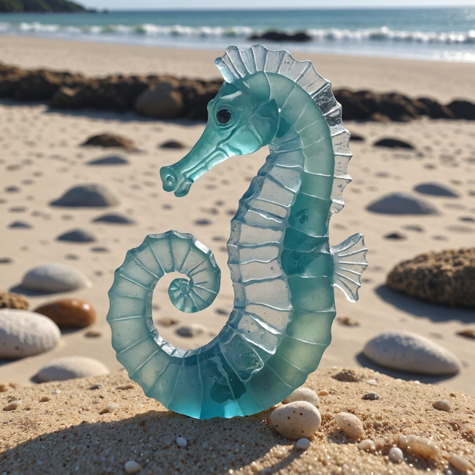 Seahorse Sculpture Made of Aquamarine Sea Glass on Beach