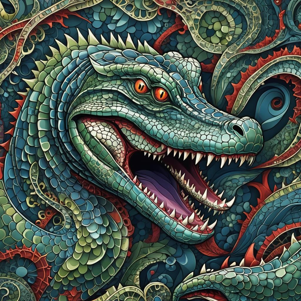 Alligator with Zentangle Patterns in Abstract Fractal