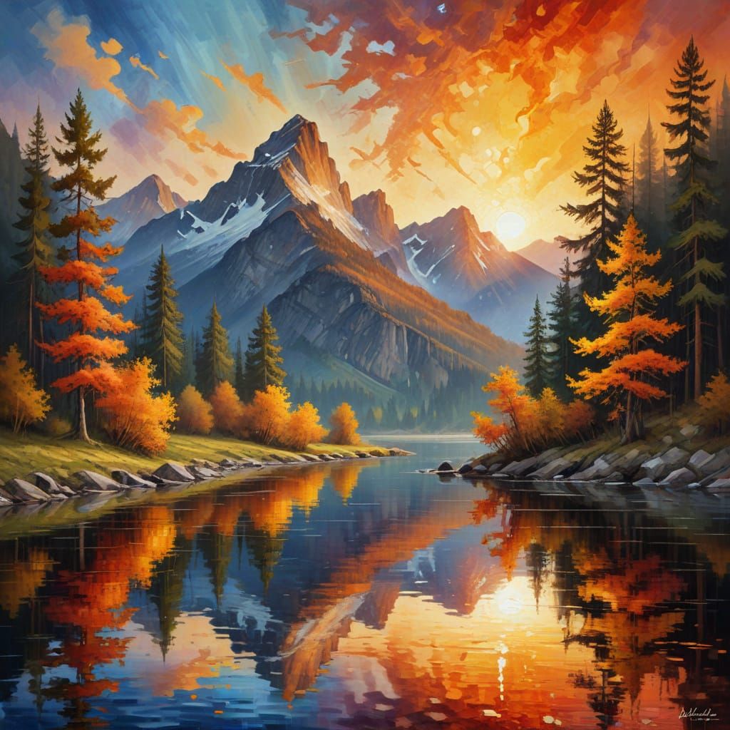 Majestic Mountain Sunset Over Reflecting River in Oil Painti...
