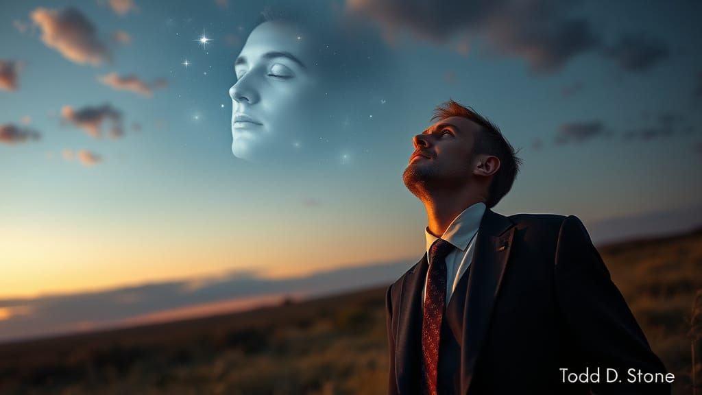 Man Stares at Glowing Sky with Face in Clouds