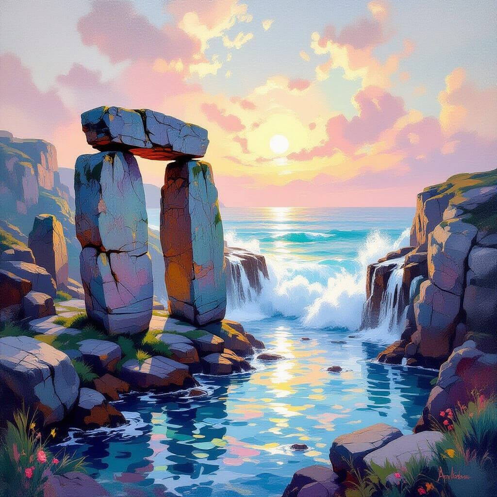 Megalithic Waterfall in Impressionist Rococo Style