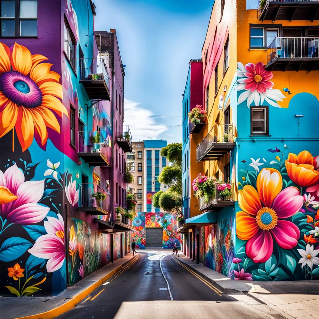 Vibrant Street Art Cityscape with Murals and Flowers