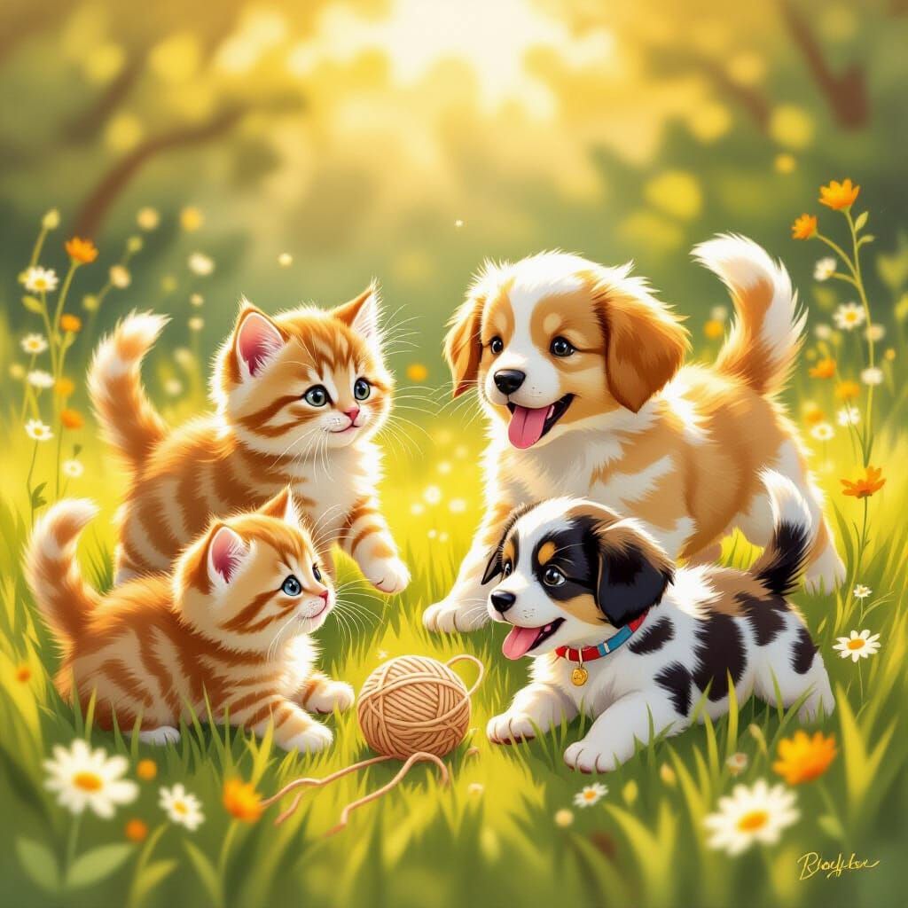 Fluffy Kittens and Puppies Play in Sunny Meadow