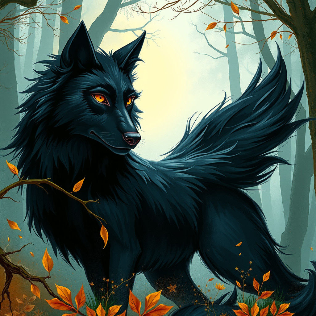 Majestic Black Wolf Wind Spirit in Misty Forest