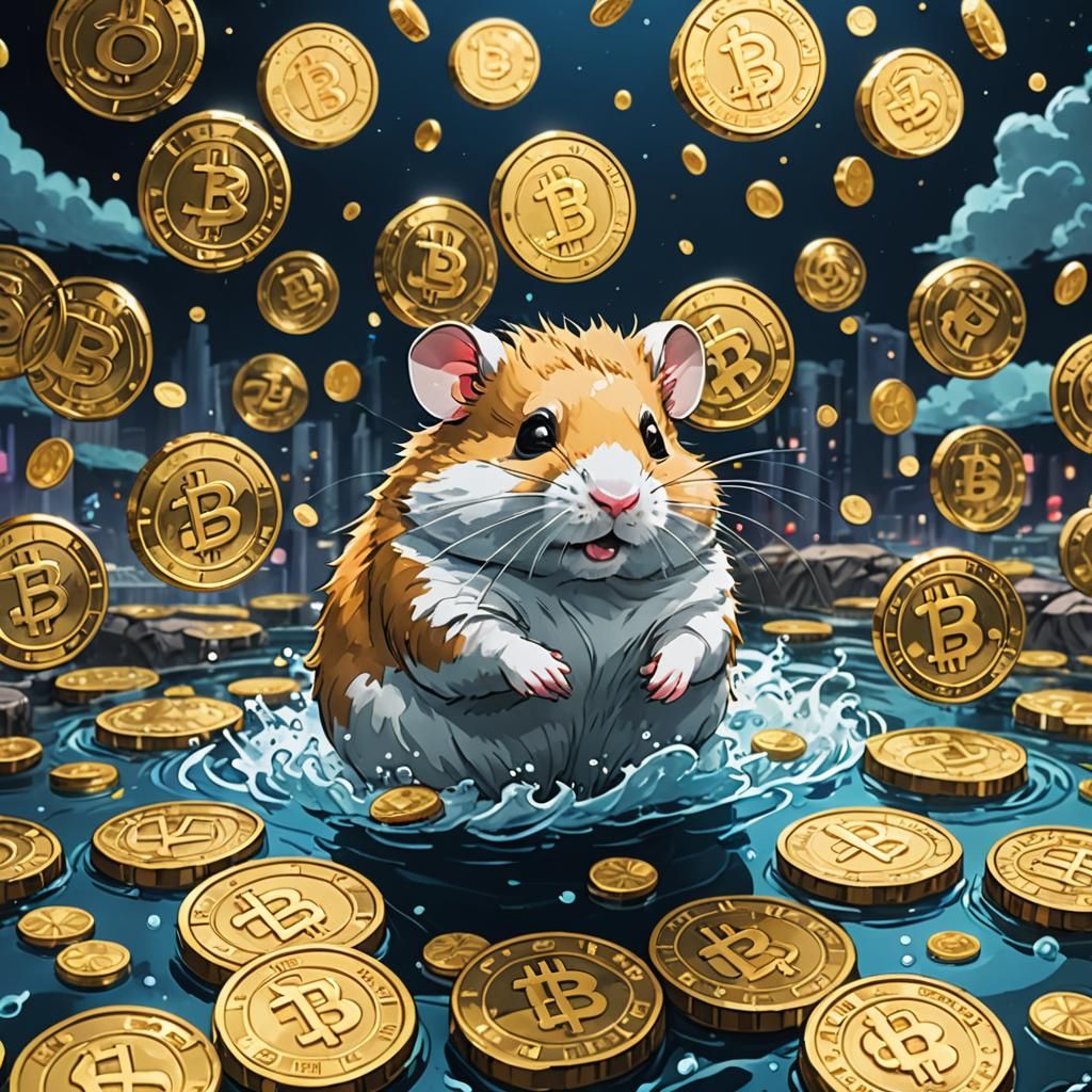 Hamster Swims in Cryptocurrency Sea, Anime Ink Wash Style