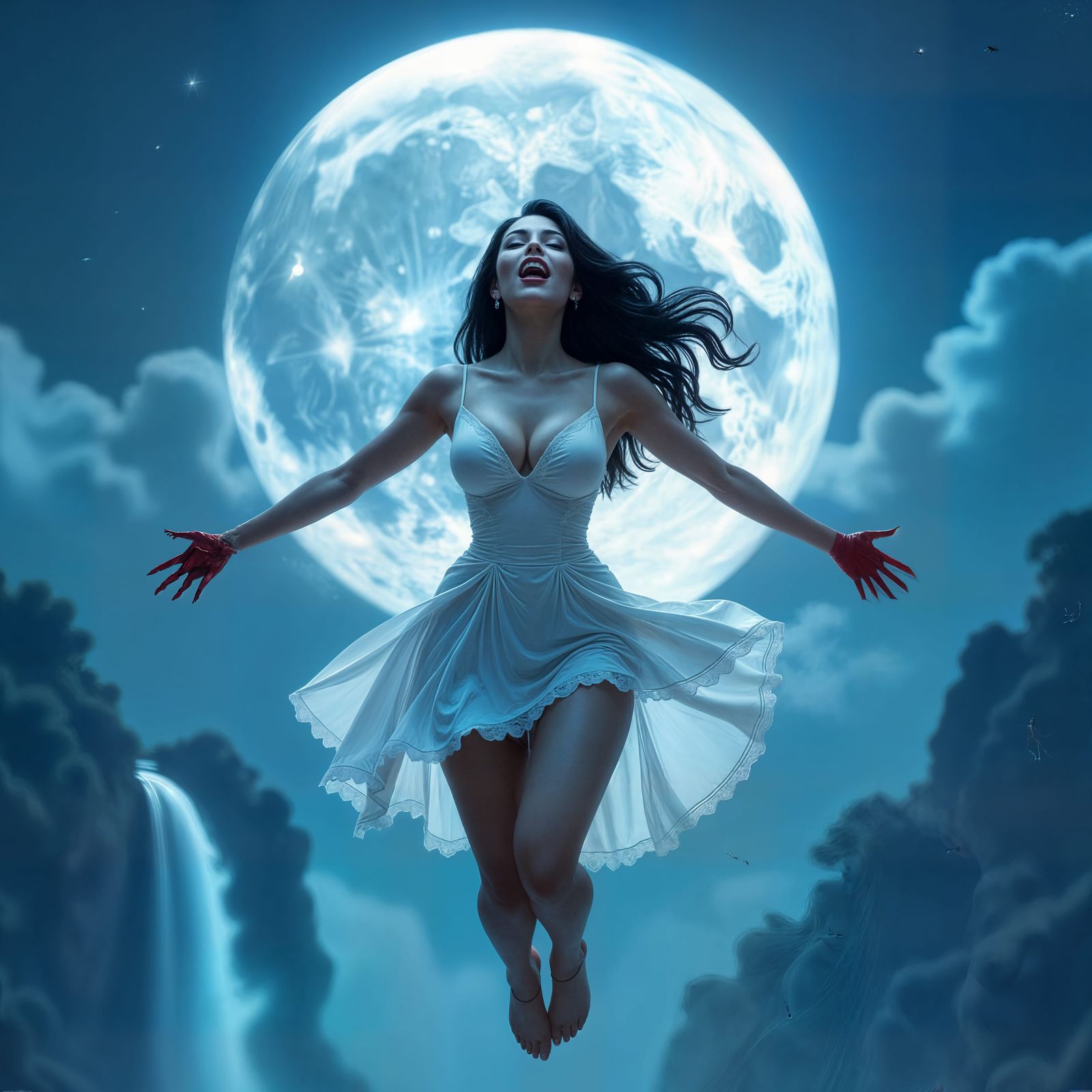 Curvy Vampire Flying Downwards with Flowing Hair