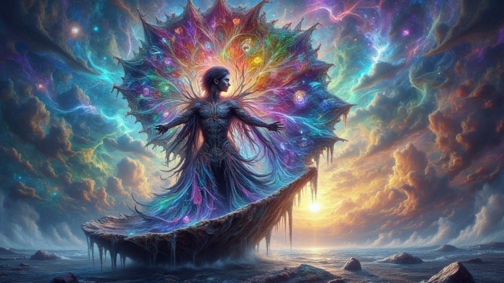 Fractal Faced Man on Floating Island in Gothic Vaporwave Sty...