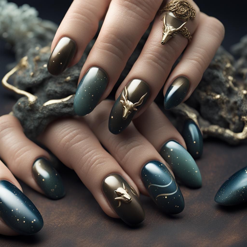 Capricorn Sea Goat Zodiac Nails in Metallic Style