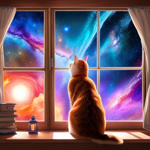 Cat Observes Epic Starry Sky in Hyperrealistic Sci-Fi Art