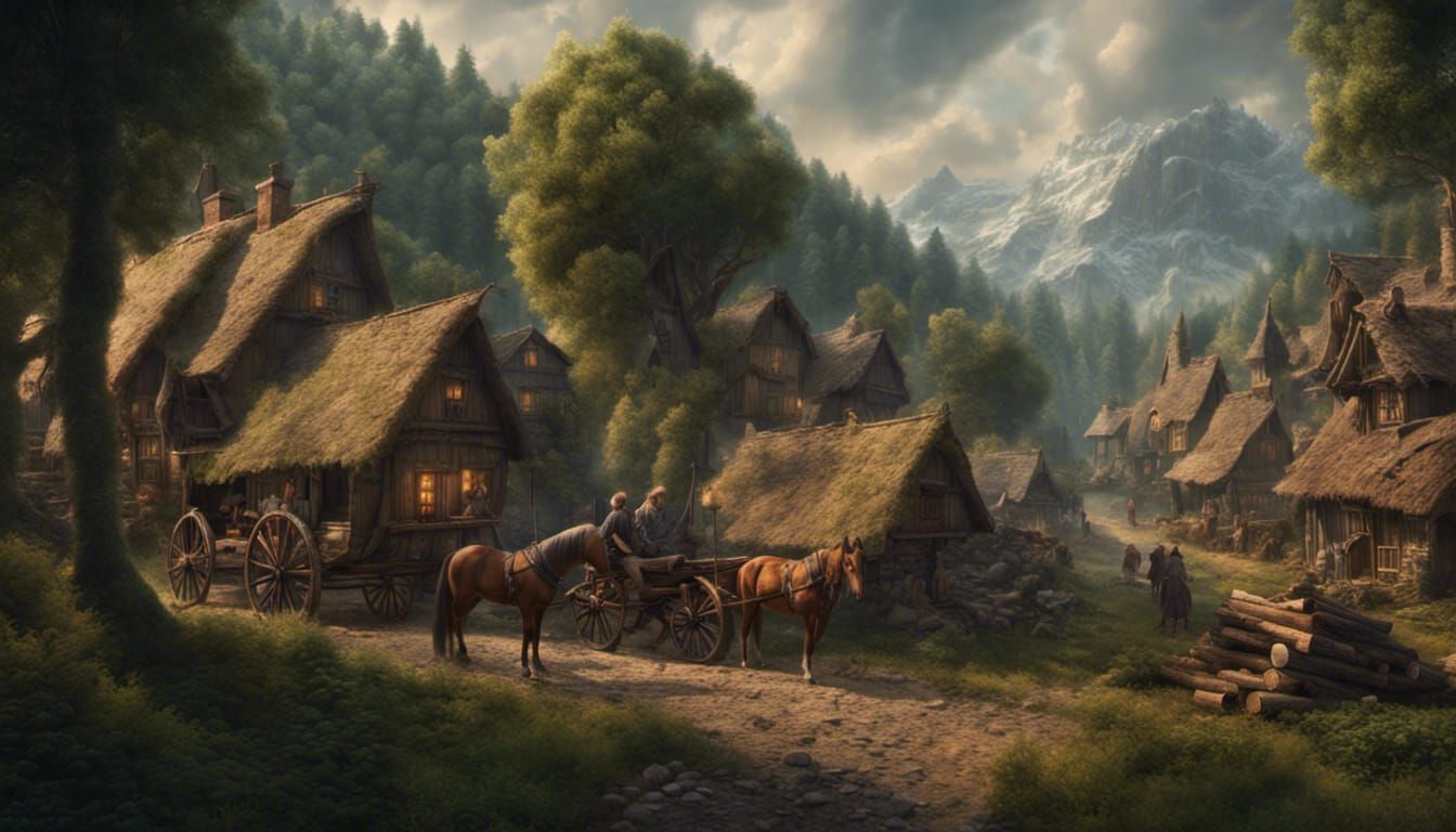 Detailed Forest Village Scene with Horse and Wagon