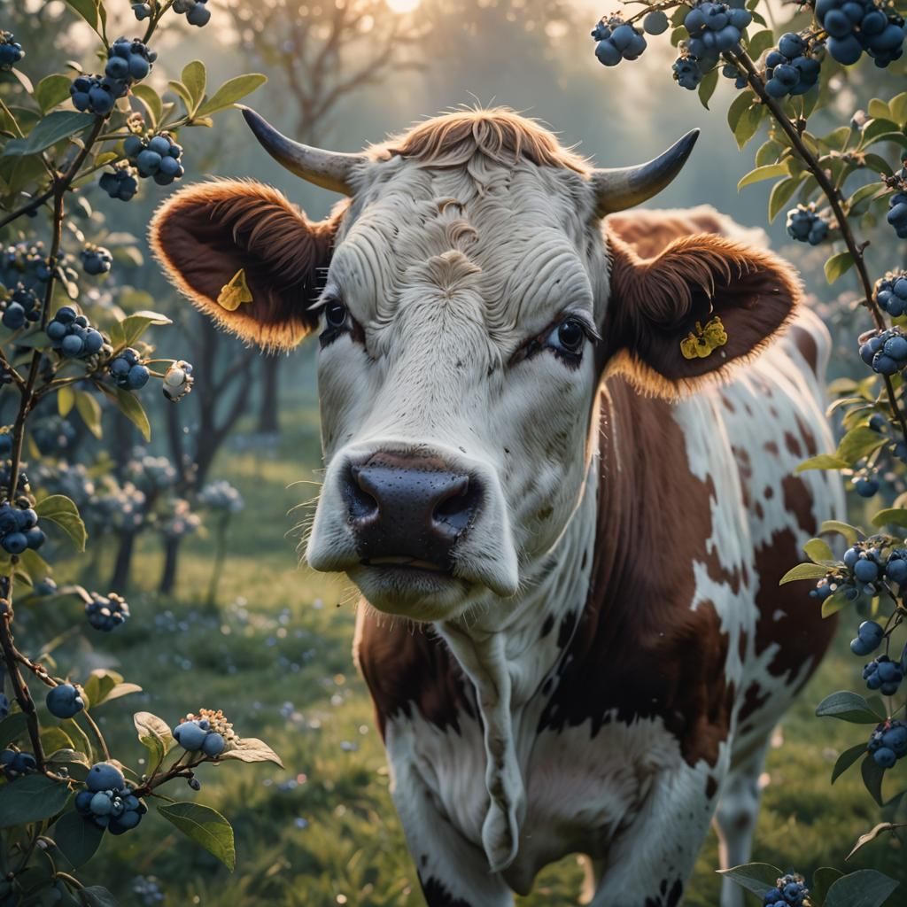 Cow Sniffing Blueberry Flower in Misty Orchard