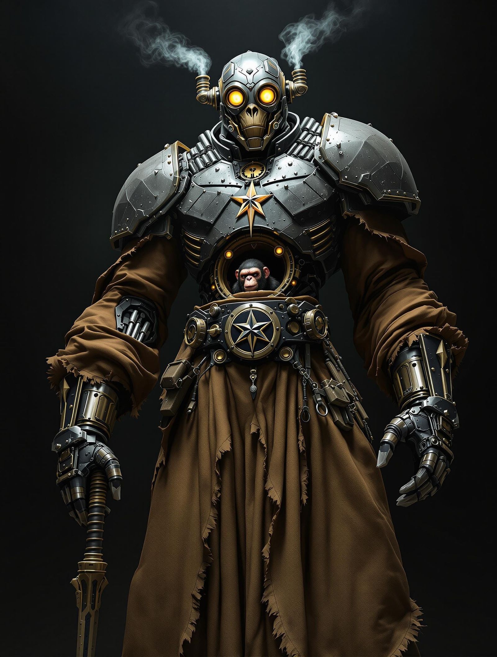 A towering, steampunk-inspired automaton Cowboy dominates the scene. Its helmeted head features two, glowing yellow eye,...