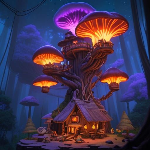 Whimsical Treehouse Village Among Glowing Mushrooms in Encha...