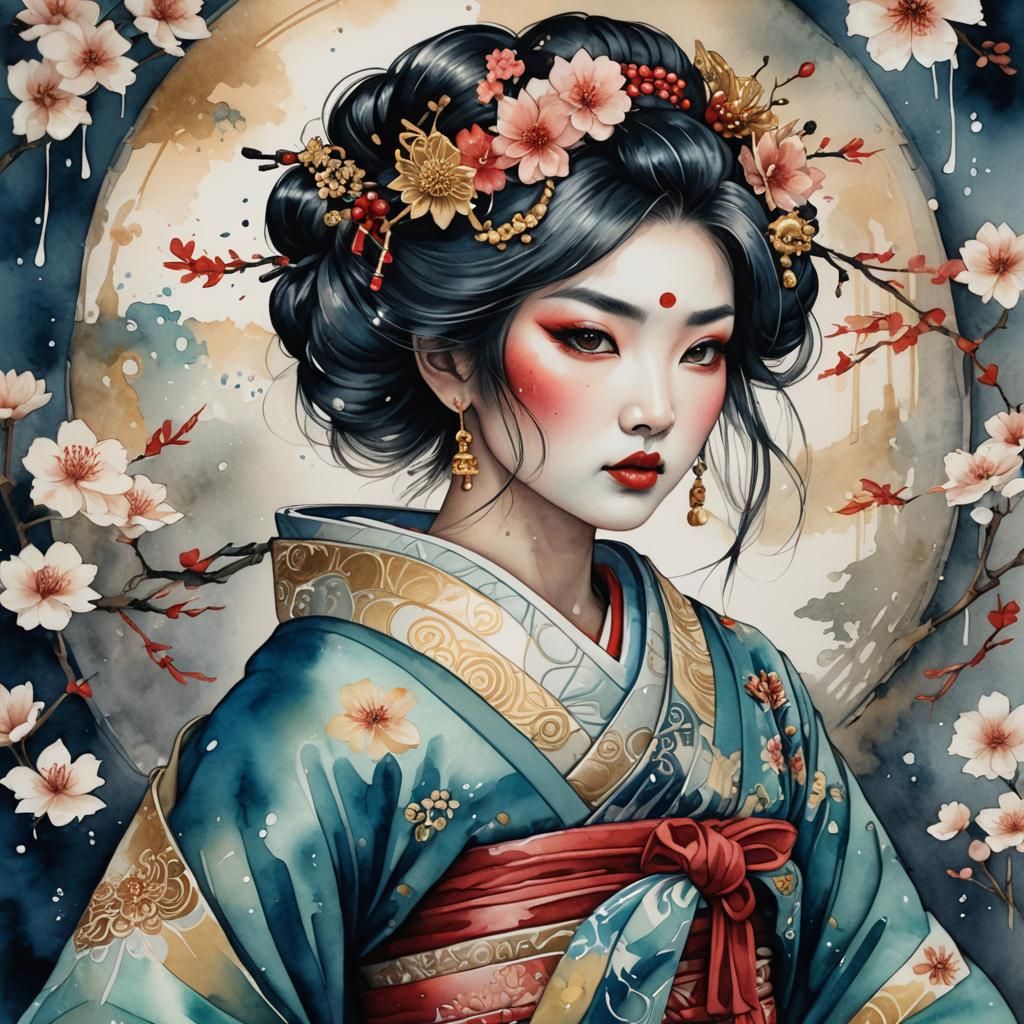 Fantasy Geisha Portrait in Watercolor Style