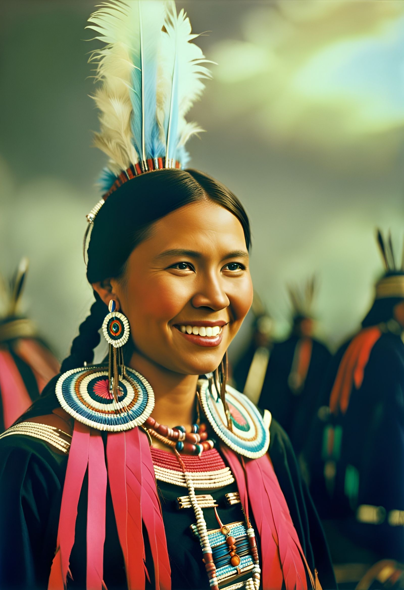 Native American Woman with Headdress in Colorized Photo